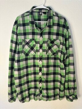 Rusty Mens 2XL Green Black Plaid Flannel Button Up Shirt